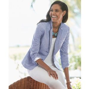 Talbots Linen Cotton Blend Gingham Blue & White Check Blazer Jacket Size 6P
